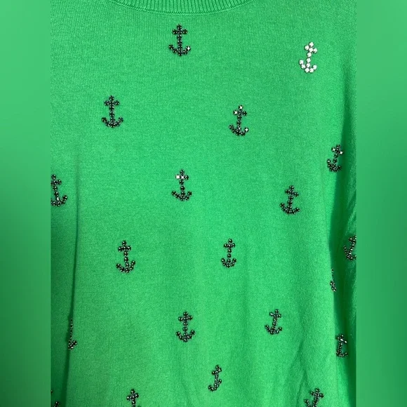 TALBOTS - Rhinestone Embellished Anchor Coastal Sweater Cotton Wool 2X Green - Picture 2 of 9